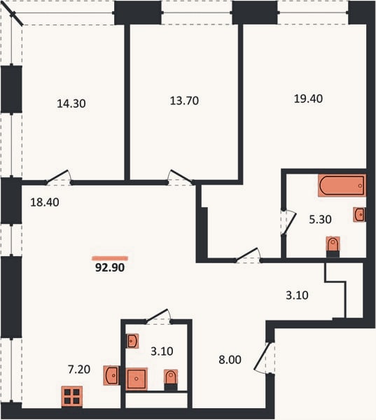 Планировка: 3-к, 92,9 м²