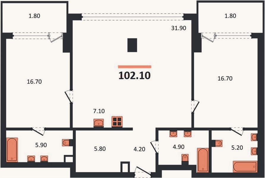 Планировка: 2-к, 102,1 м²