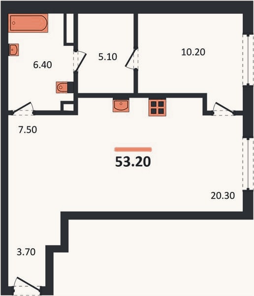 Планировка: 1-к, 53,2 м²