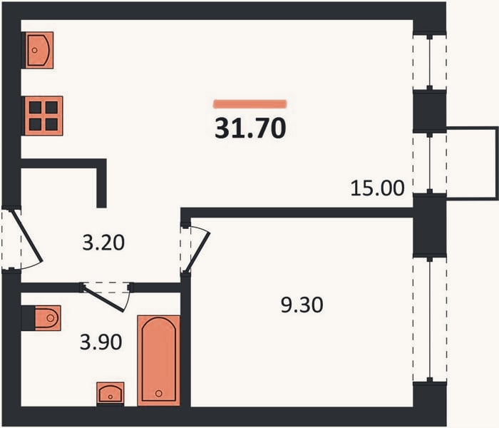 Планировка: 1-к, 31,7 м²