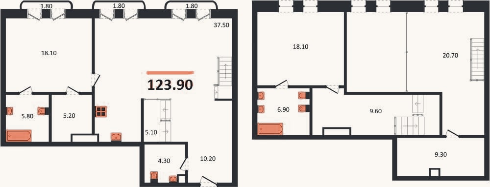 Планировка: 2-к, 123,9 м²