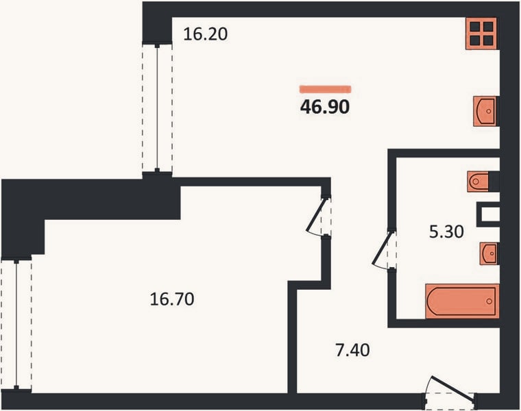 Планировка: 1-к, 46,8 м²