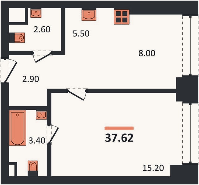 Планировка: 1-к, 37,6 м²