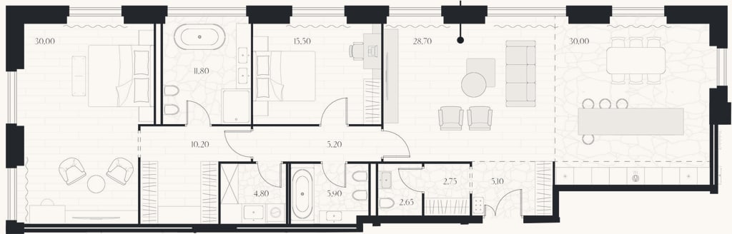 Планировка: 2-к, 152,8 м²