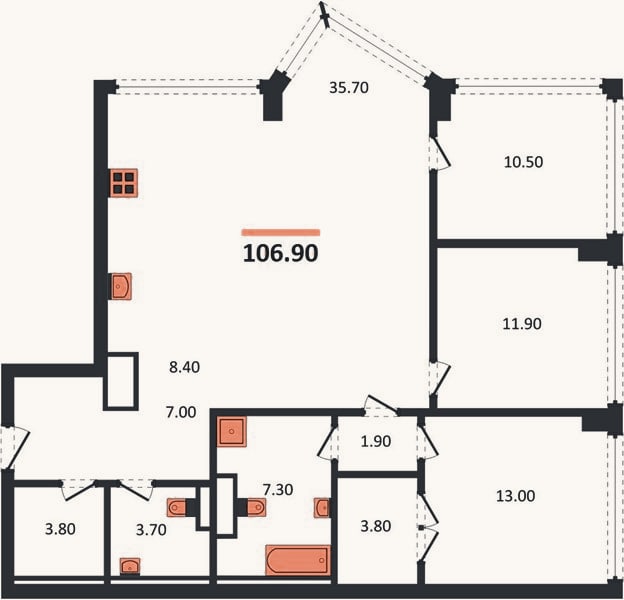 Планировка: 3-к, 106,9 м²