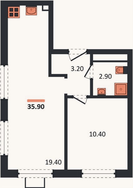 Планировка: 1-к, 35,9 м²