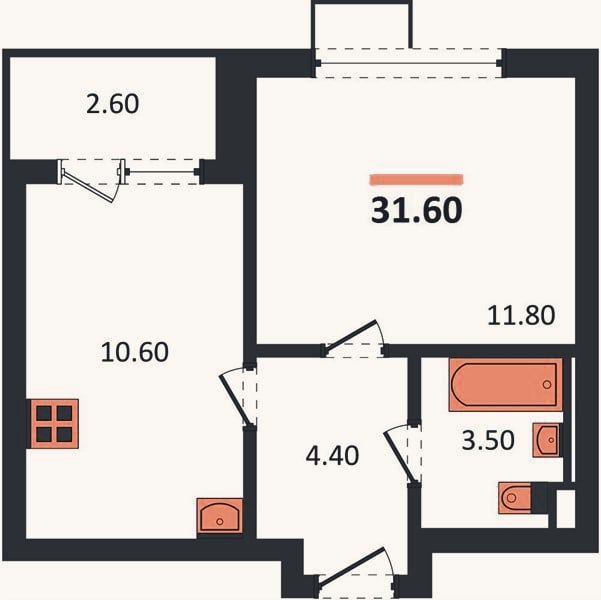 Планировка: 1-к, 31,6 м²