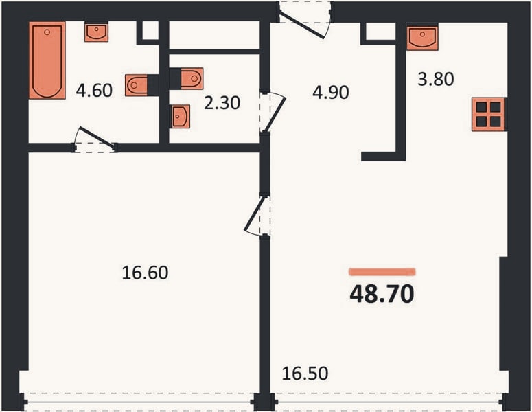 Планировка: 1-к, 48,7 м²