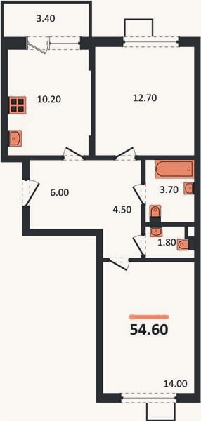Планировка: 2-к, 54,6 м²