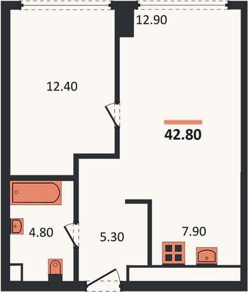 Планировка: 1-к, 42,8 м²