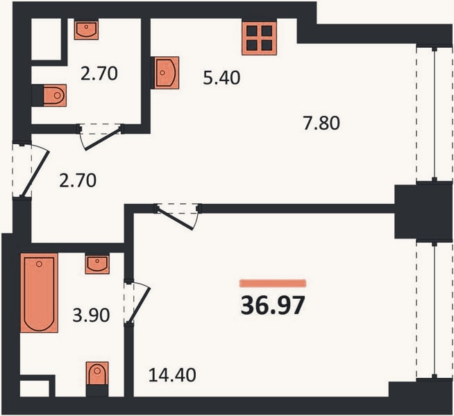 Планировка: 1-к, 37 м²