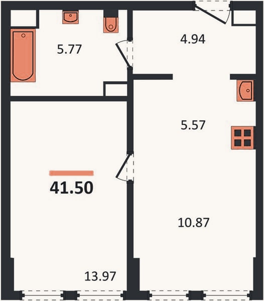 Планировка: 1-к, 41,5 м²