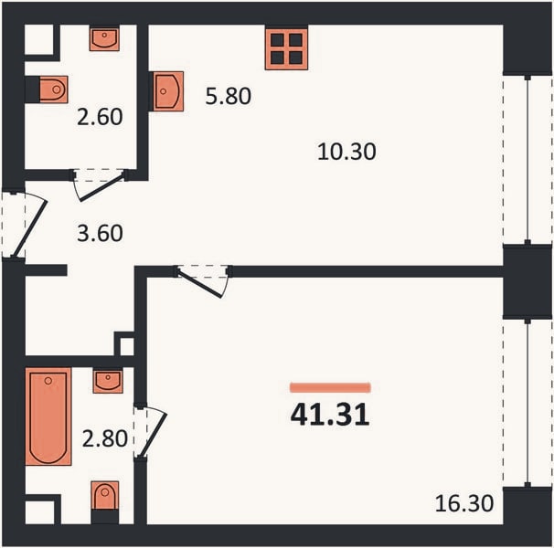 Планировка: 1-к, 41,3 м²
