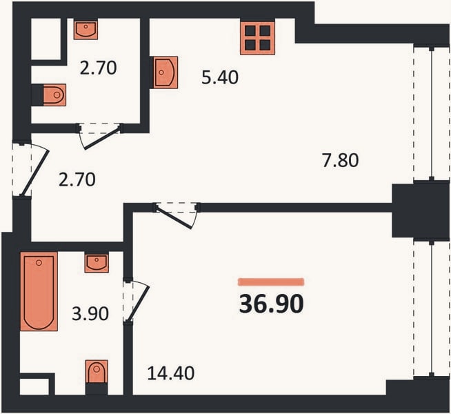 Планировка: 1-к, 36,9 м²