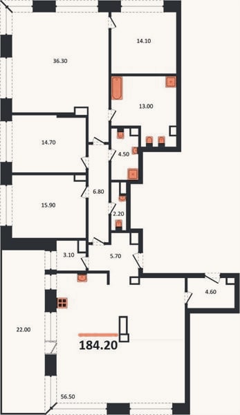 Планировка: 3-к, 184,2 м²