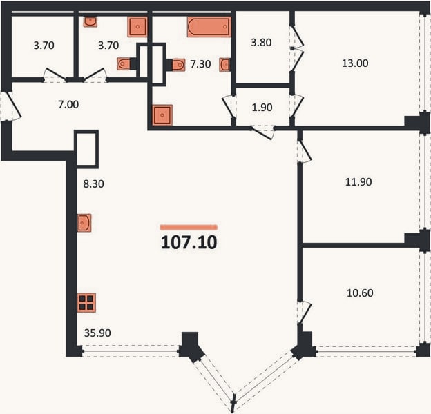 Планировка: 3-к, 107,1 м²