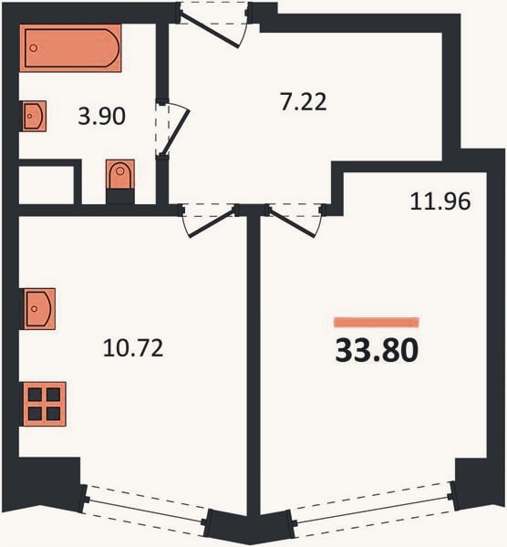 Планировка: 1-к, 33,8 м²