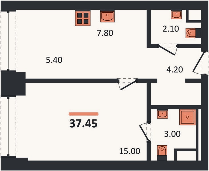 Планировка: 1-к, 37,5 м²