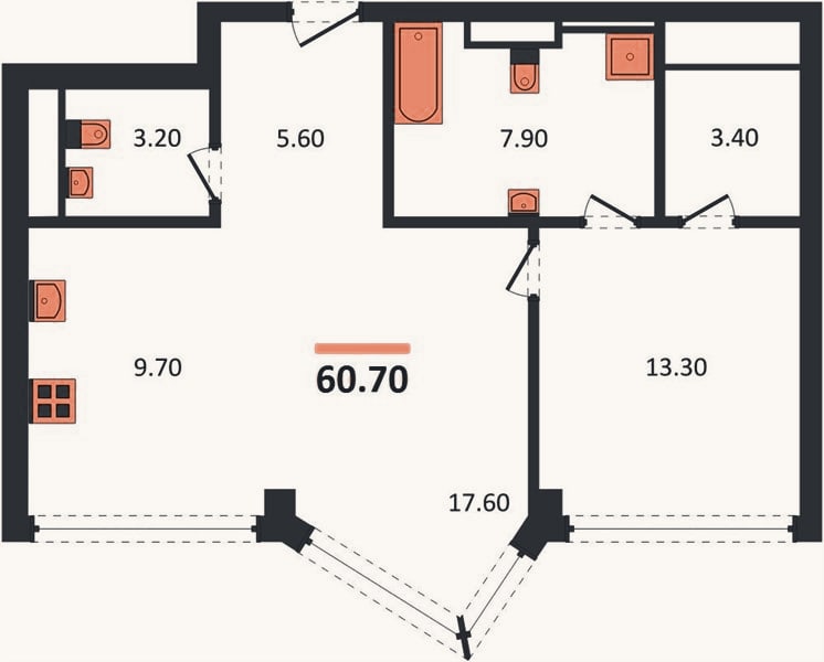 Планировка: 1-к, 60,7 м²