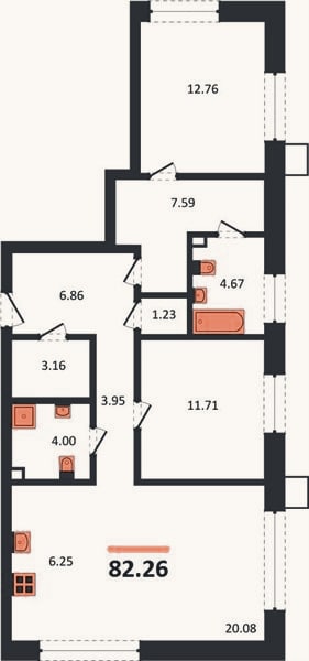 Планировка: 2-к, 82,3 м²