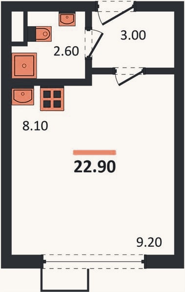 Планировка: Студия, 22,9 м²