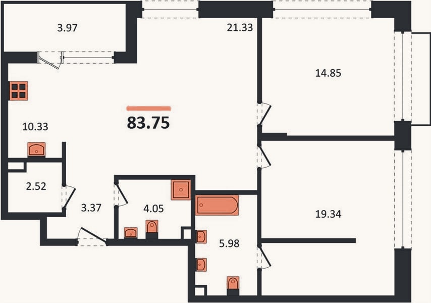 Планировка: 2-к, 83,8 м²