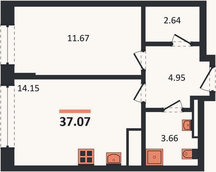 Планировка: 1-к, 37,1 м²