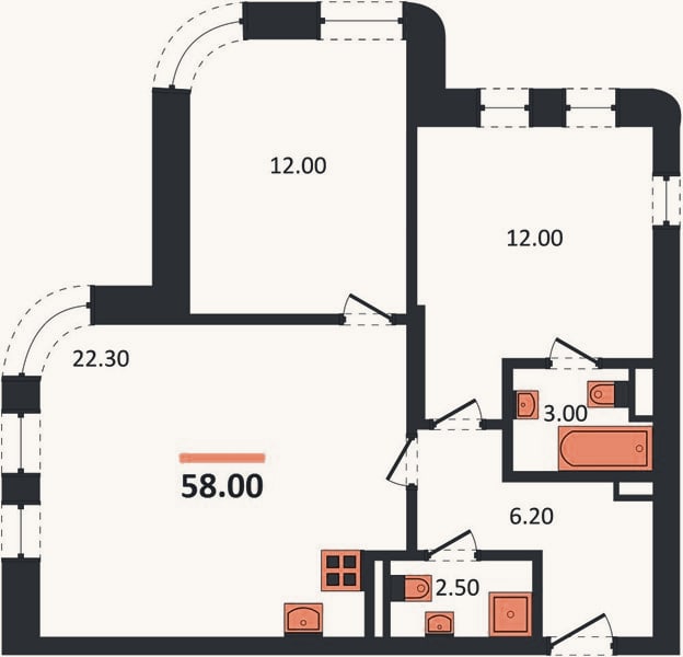 Планировка: 2-к, 58 м²