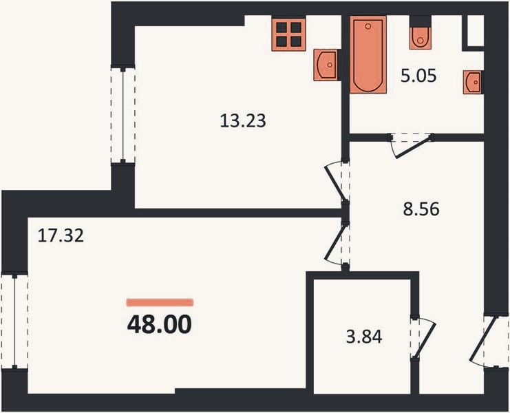 Планировка: 1-к, 48 м²