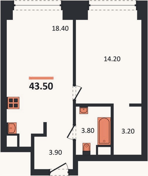 Планировка: 1-к, 43,5 м²