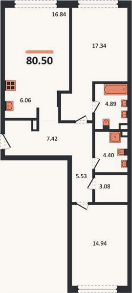 Планировка: 2-к, 80,5 м²