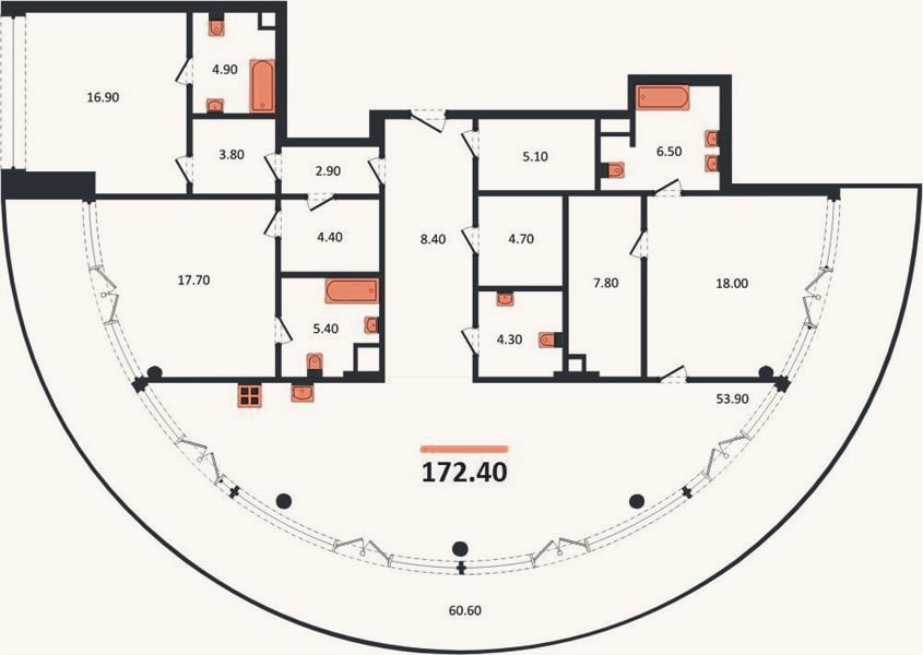 Планировка: 3-к, 172,4 м²