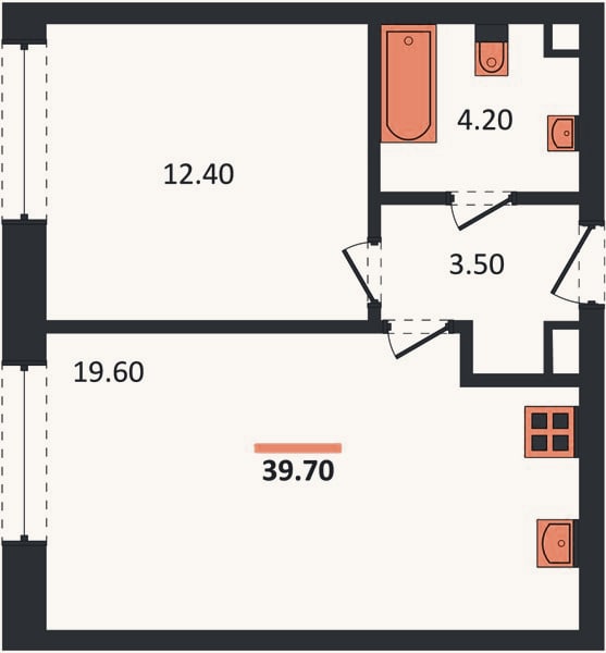 Планировка: 1-к, 39,7 м²