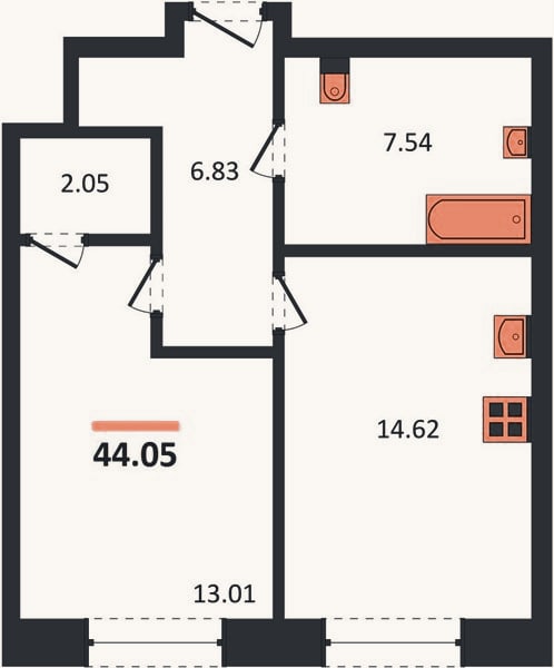 Планировка: 1-к, 44,1 м²