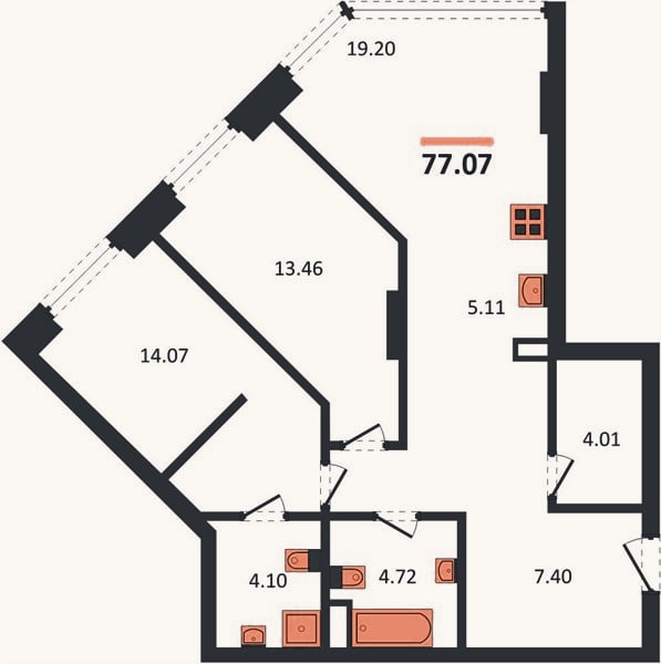 Планировка: 2-к, 77,1 м²
