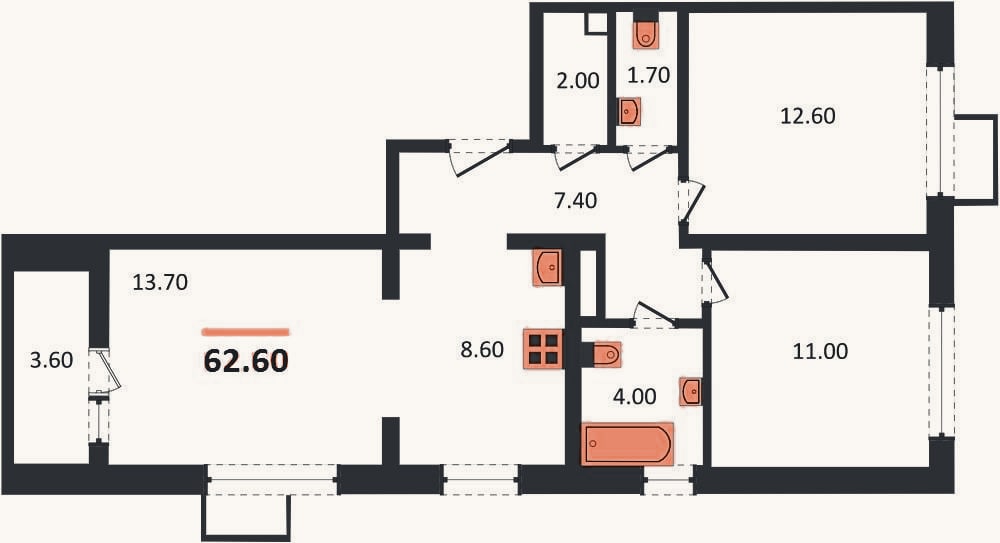 Планировка: 3-к, 62,6 м²