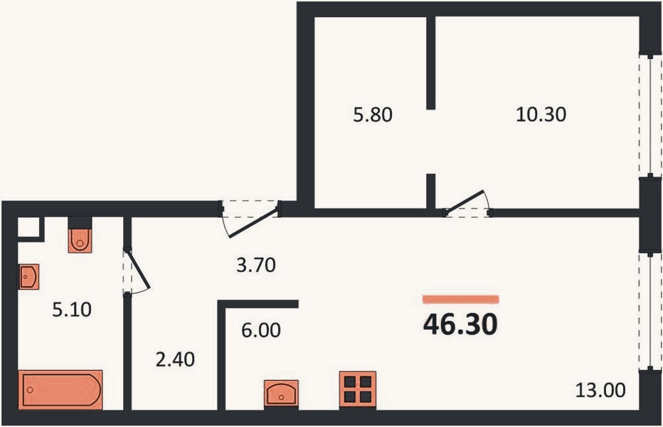Планировка: 1-к, 46,3 м²