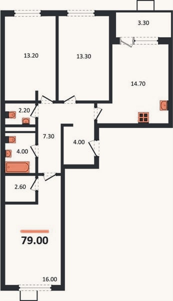 Планировка: 3-к, 79 м²