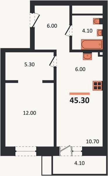 Планировка: 1-к, 45,3 м²