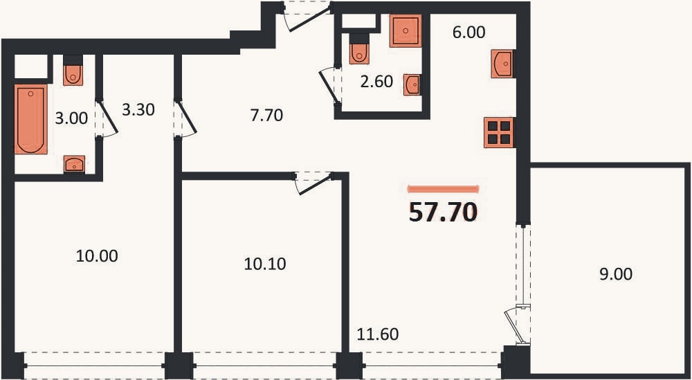 Планировка: 2-к, 57,7 м²