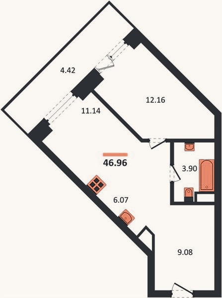 Планировка: 1-к, 47 м²