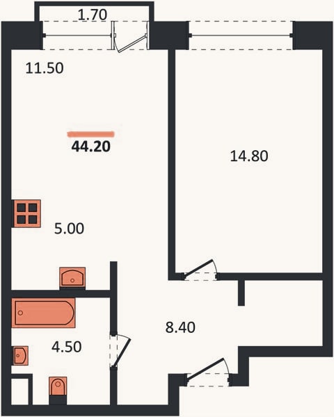 Планировка: 1-к, 44,7 м²