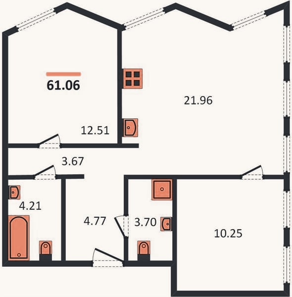 Планировка: 2-к, 61,1 м²