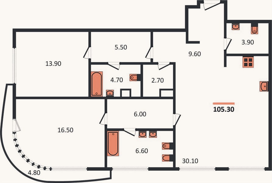 Планировка: 2-к, 105,3 м²