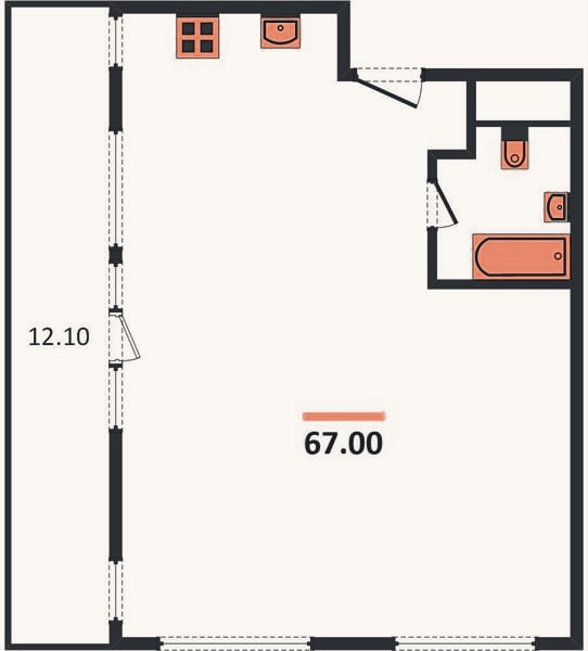 Планировка: 2-к, 67 м²