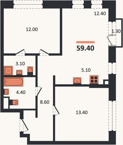 Планировка: 2-к, 59,4 м²