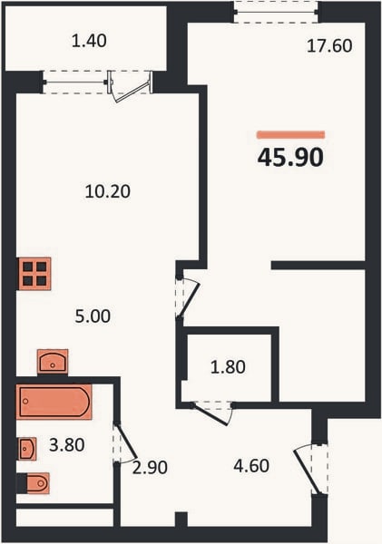 Планировка: 1-к, 45,9 м²