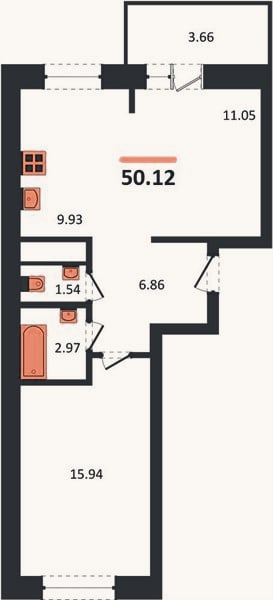 Планировка: 1-к, 50,1 м²