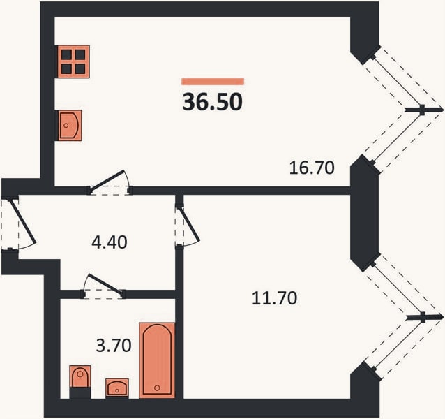 Планировка: 1-к, 36,5 м²