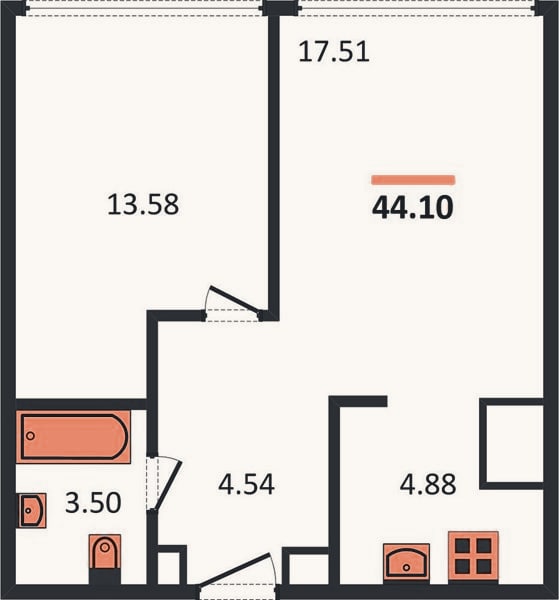Планировка: 1-к, 44,1 м²